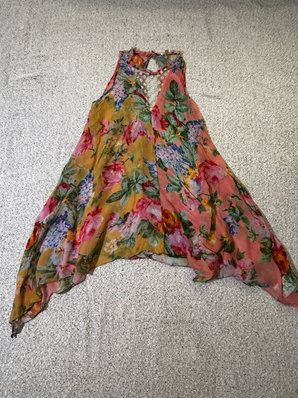 Y2K Floral Fairycore Sheer Sleeveless Top in Pink & Mustard w embroidered flower